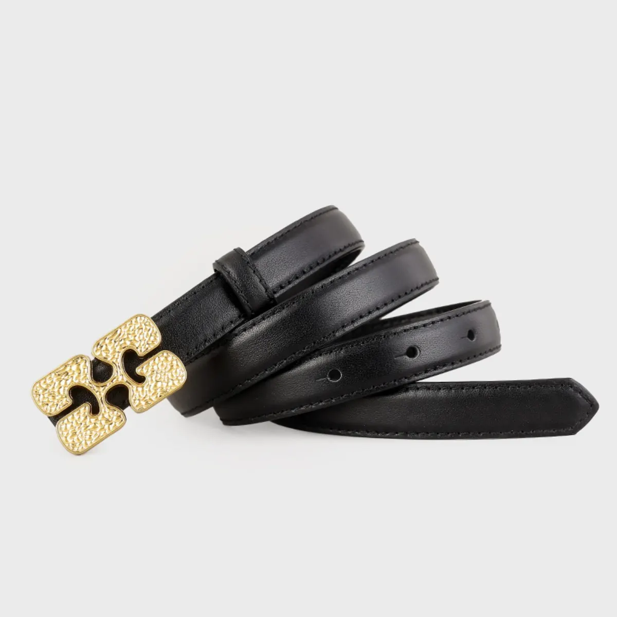 Gold Buckle Leather Belt - Black