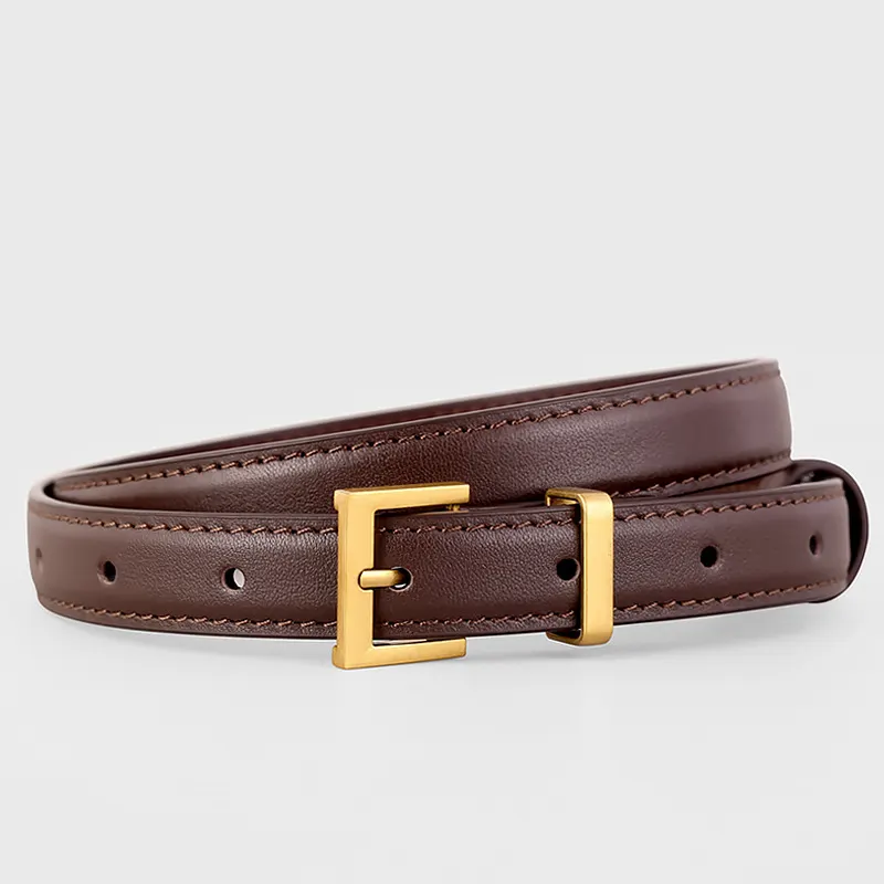 Leather Skinny Belt with Golden Buckle - Coffee Brown