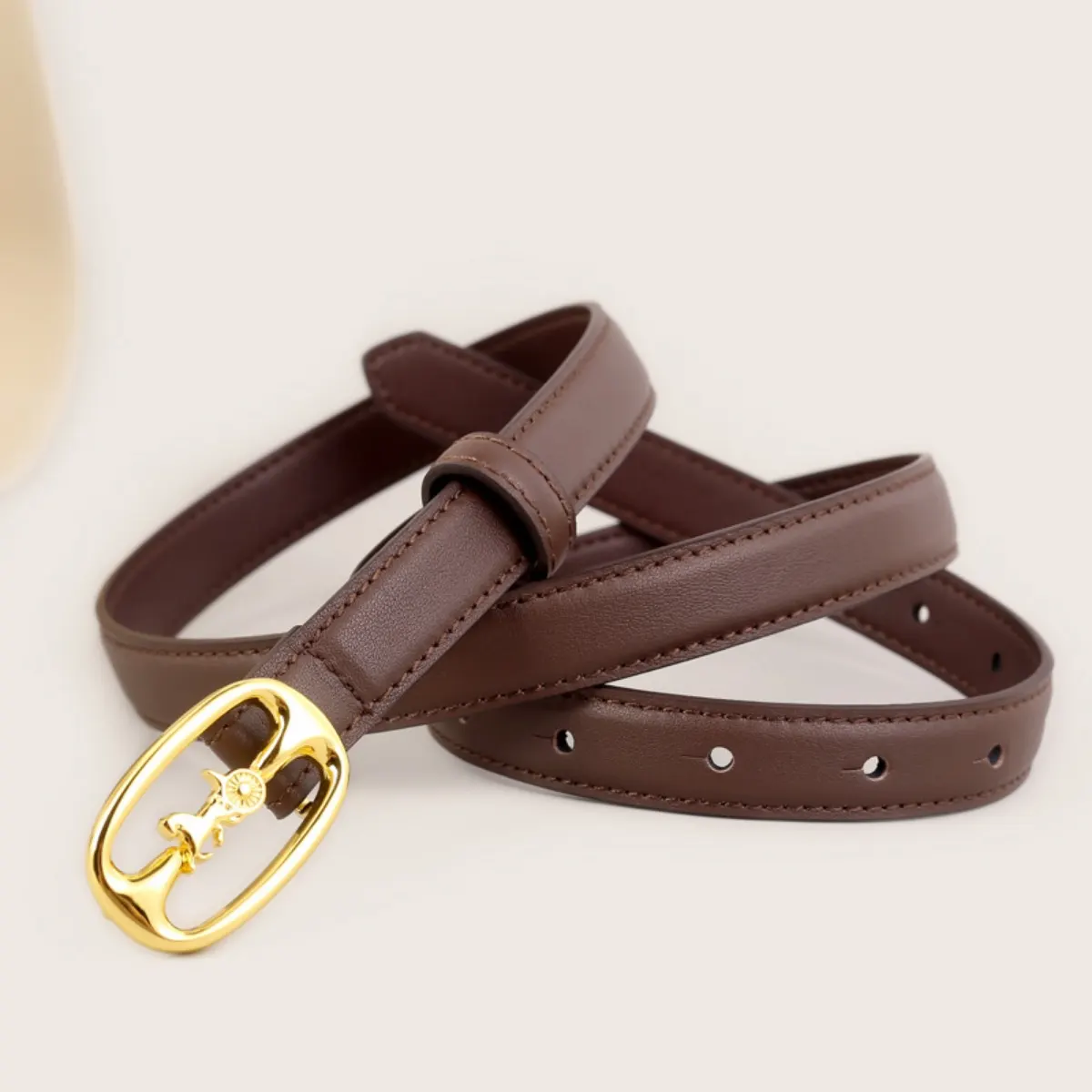 Leather Belt with Horse Carriage Buckle - Brown
