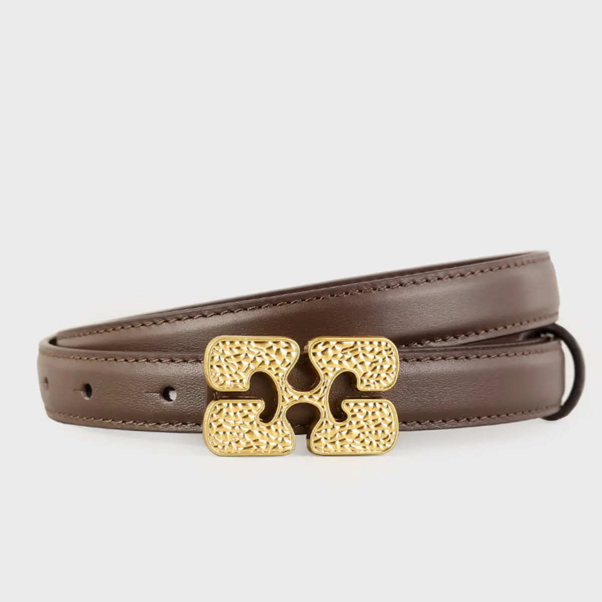 Gold Buckle Leather Belt - Coffee Brown