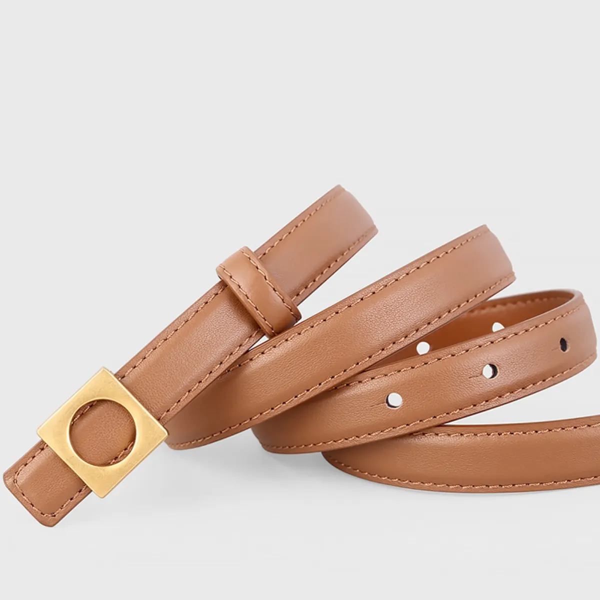 Square Buckle Skinny Leather Belt - Brown