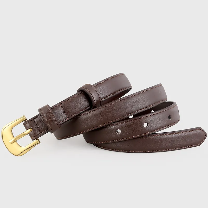 Leather Belt with Golden Buckle - Brown