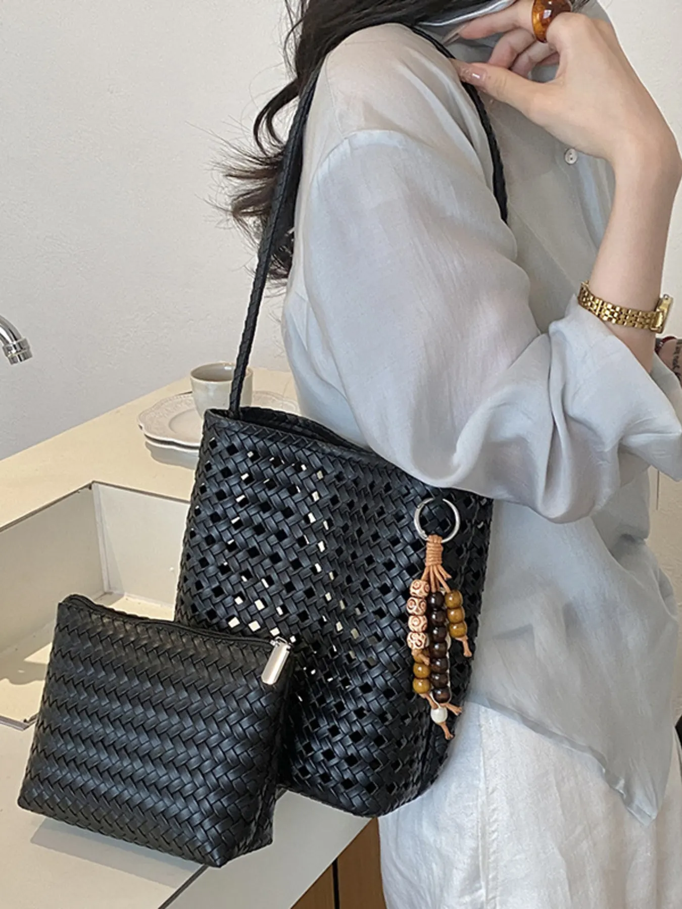 Woven Leather Shoulder Bag - Black