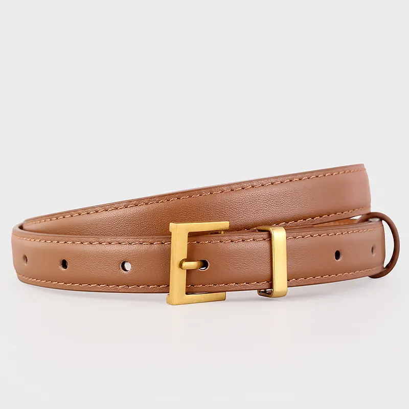 Leather Skinny Belt with Golden Buckle - Brown