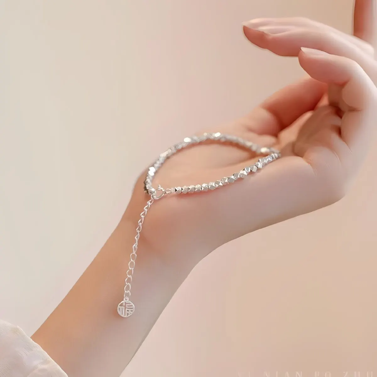 925 Sterling Silver Geometric Chain Adjustable Bracelet - Silver