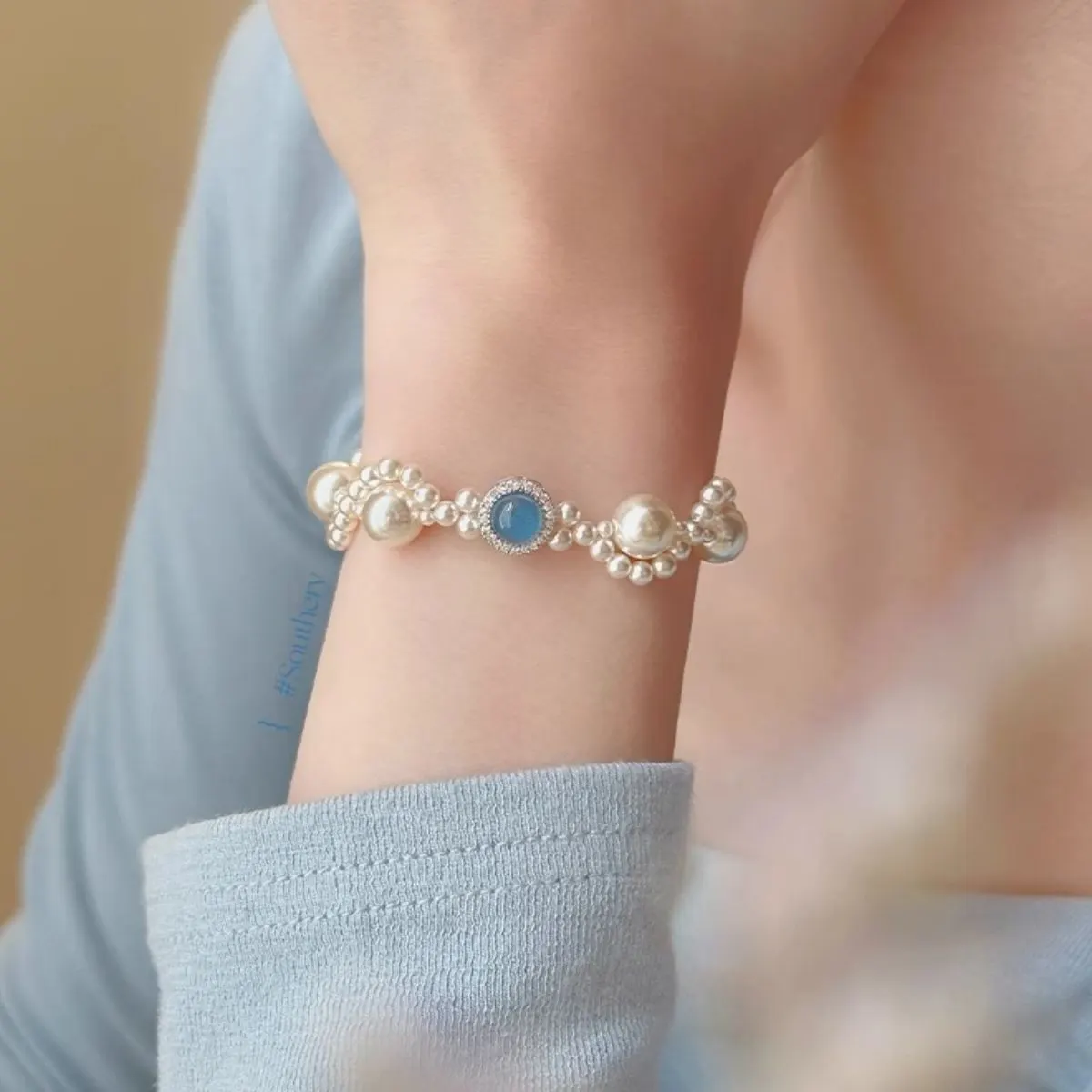 Pearl 925 Sterling Silver Zircon Bracelet - Sky Blue