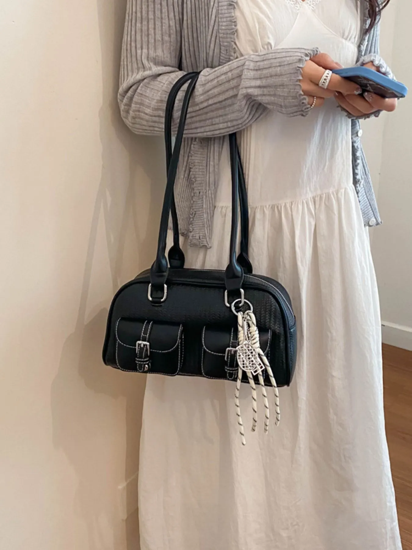 Double Pockets Front Shoulder Bag - Black